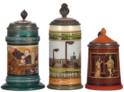 Three Mettlach steins, .5L, 2044, etched, inlaid lid, repaired body & inlay, with interior color change; with, .5L, 2900, etched, inlaid lid, Quilmes, base repaired & small chip on handle; with, .5L, 2101, etched, inlaid lid, finial repaired & interior br