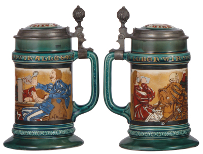 Three Mettlach steins, .5L, 2044, etched, inlaid lid, repaired body & inlay, with interior color change; with, .5L, 2900, etched, inlaid lid, Quilmes, base repaired & small chip on handle; with, .5L, 2101, etched, inlaid lid, finial repaired & interior br - 2