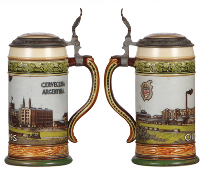 Three Mettlach steins, .5L, 2044, etched, inlaid lid, repaired body & inlay, with interior color change; with, .5L, 2900, etched, inlaid lid, Quilmes, base repaired & small chip on handle; with, .5L, 2101, etched, inlaid lid, finial repaired & interior br - 3