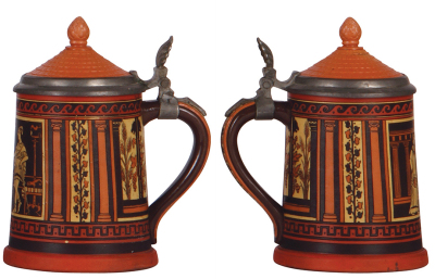 Three Mettlach steins, .5L, 2044, etched, inlaid lid, repaired body & inlay, with interior color change; with, .5L, 2900, etched, inlaid lid, Quilmes, base repaired & small chip on handle; with, .5L, 2101, etched, inlaid lid, finial repaired & interior br - 4