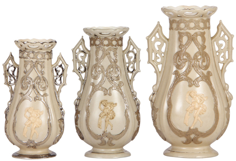 Three Mettlach vases, 6.9'' ht., to 8.6'' ht., earlyware, #319, all in good condition.