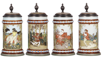 Four Mettlach steins, .5L, modern, The Brothers Grimm, 2901, 2902, 2903, 2904, inlaid lids, all mint.