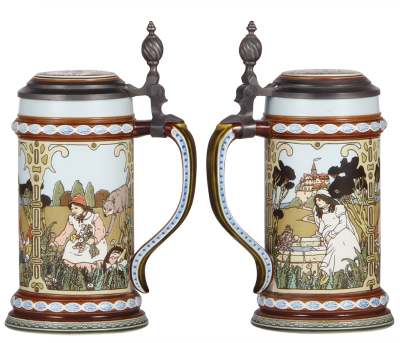 Four Mettlach steins, .5L, modern, The Brothers Grimm, 2901, 2902, 2903, 2904, inlaid lids, all mint. - 2