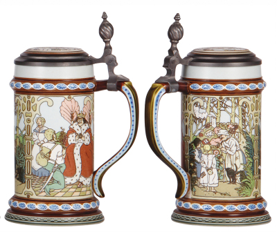 Four Mettlach steins, .5L, modern, The Brothers Grimm, 2901, 2902, 2903, 2904, inlaid lids, all mint. - 3