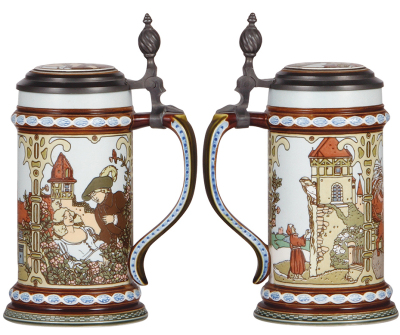 Four Mettlach steins, .5L, modern, The Brothers Grimm, 2901, 2902, 2903, 2904, inlaid lids, all mint. - 4