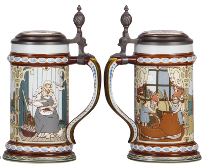 Four Mettlach steins, .5L, modern, The Brothers Grimm, 2901, 2902, 2903, 2904, inlaid lids, all mint. - 5