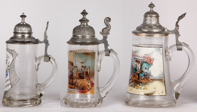 Three glass steins, .5L, transfer, Occupational Fleischer [Butcher], pewter lid, mint; with, .5L, transfer, Occupational Metzger [Butcher], pewter lid, mint; with, 1.0L, transfer, Occupational Schuhmacher [Shoemaker], pewter lid, flake on top rim. From th - 2