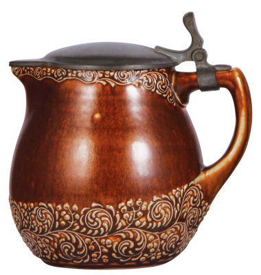 Stoneware stein, 2.0L, relief, marked 2241, made by R. Merkelbach, designed by Charlotte Krause, brown saltglaze, Art Nouveau, pewter lid, center hinge ring missing, works well, body mint.