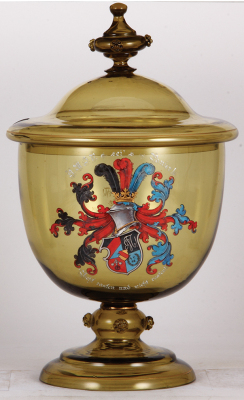 Glass punch bowl set, 16.0'' ht., ten glasses, 5.7'' ht., blown, amber handpainted, A.M.I.V. sei's Panier!, inscription on rear, set-on-lid, small rim flakes on bowl, glasses mint.