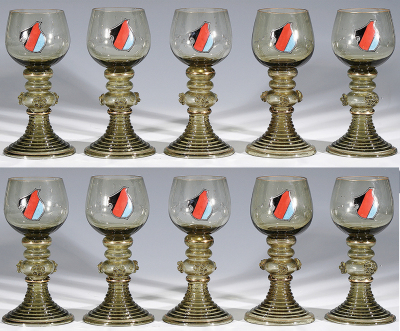 Glass punch bowl set, 16.0'' ht., ten glasses, 5.7'' ht., blown, amber handpainted, A.M.I.V. sei's Panier!, inscription on rear, set-on-lid, small rim flakes on bowl, glasses mint. - 3