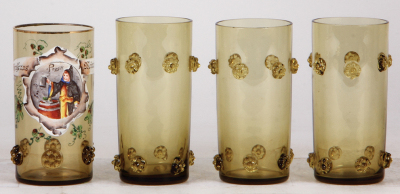 Four glass beakers, 4.7'' ht., blown, amber, applied glass prunts, hand-painted, Gruss aus München, mint; with, three matching beakers, 4.9'' ht., blown, amber, applied glass prunts, all mint, One plain glass missing from photo.