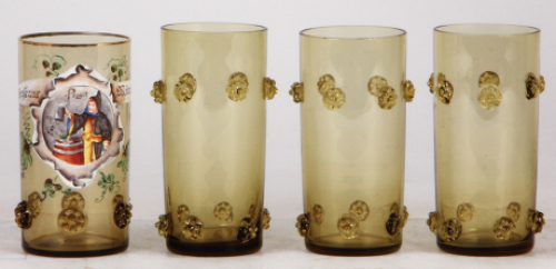 Four glass beakers, 4.7'' ht., blown, amber, applied glass prunts, hand-painted, Gruss aus M&uuml;nchen, mint; with, three matching beakers, 4.9'' ht., blown, amber, applied glass prunts, all mint,&nbsp;One plain glass missing from photo.