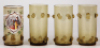 Four glass beakers, 4.7'' ht., blown, amber, applied glass prunts, hand-painted, Gruss aus M&uuml;nchen, mint; with, three matching beakers, 4.9'' ht., blown, amber, applied glass prunts, all mint,&nbsp;One plain glass missing from photo.
