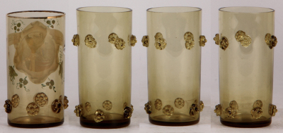 Four glass beakers, 4.7'' ht., blown, amber, applied glass prunts, hand-painted, Gruss aus München, mint; with, three matching beakers, 4.9'' ht., blown, amber, applied glass prunts, all mint, One plain glass missing from photo. - 2