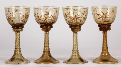 Four glass goblets, 6.6'' ht., blown, amber, one marked F. Heckert, handpainted floral with gold, one has base chips, three mint.