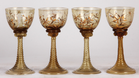 Four glass goblets, 6.6'' ht., blown, amber, one marked F. Heckert, handpainted floral with gold, one has base chips, three mint.