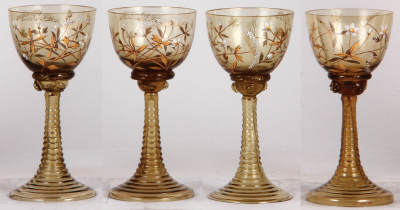 Four glass goblets, 6.6'' ht., blown, amber, one marked F. Heckert, handpainted floral with gold, one has base chips, three mint. - 2