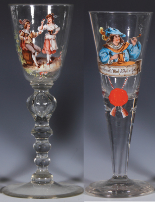 Two glass goblets, 11.5'' ht., blown, clear, handpainted, man & woman, mint & 11.0" ht., blown, clear, handpainted, cavalier, air bubbles in stem, mint.  