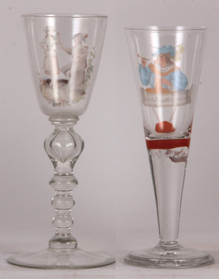 Two glass goblets, 11.5'' ht., blown, clear, handpainted, man & woman, mint & 11.0" ht., blown, clear, handpainted, cavalier, air bubbles in stem, mint.   - 2