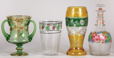 Four glass items, pass cup, 6.7'' ht., blown, green, three handles, hand-painted, gold wreath, mint; with, beaker, 6.0'' ht., mold blown, hand-painted, grapes, mint; with, glass vase, 8.5'' ht., blown, clear, heavy, mid 1900s, green & yellow stain, engrav