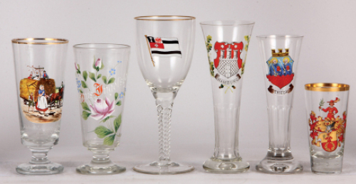 Six glass items, beaker, 8.2'' ht., blown, Occupational Farmer, enameled, Peter W. Janssen, Urschalling Aug. 37, mint; with, beaker, 7.9'' ht., blown, clear, hand-painted, Gruss aus Ingolstadt, mint; with,&nbsp;goblet, 9.7" ht.,&nbsp;blown, enameled flag, mint; wit