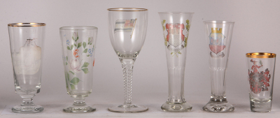 Six glass items, beaker, 8.2'' ht., blown, Occupational Farmer, enameled, Peter W. Janssen, Urschalling Aug. 37, mint; with, beaker, 7.9'' ht., blown, clear, hand-painted, Gruss aus Ingolstadt, mint; with, goblet, 9.7" ht., blown, enameled flag, mint; wit - 2