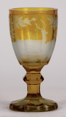 Glass goblet, 7.5'' ht., blown, clear, heavy, yellow stain, mid 1800s, fluted, fine engraved scene of two stags in forest, excellent condition.