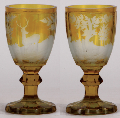 Glass goblet, 7.5'' ht., blown, clear, heavy, yellow stain, mid 1800s, fluted, fine engraved scene of two stags in forest, excellent condition. - 2