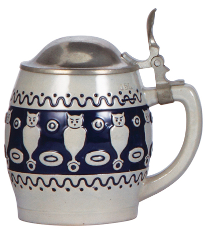 Stoneware stein, .5L, relief, marked 2332, blue saltglaze, Art Nouveau, pewter lid, mint.