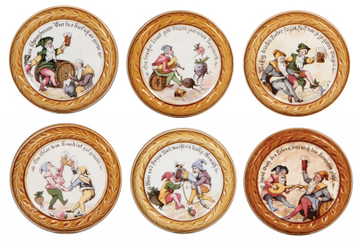 Six Mettlach coasters, 4.7" d., 1032, PUG, one has glaze browning, others mint.