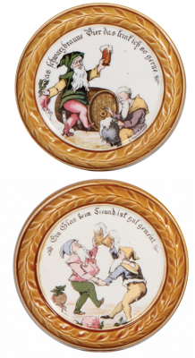 Six Mettlach coasters, 4.7" d., 1032, PUG, one has glaze browning, others mint. - 2