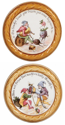 Six Mettlach coasters, 4.7" d., 1032, PUG, one has glaze browning, others mint. - 3