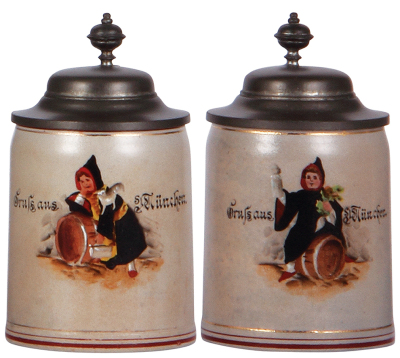 Two stoneware stein, .25L, 5.6'' ht., transfer & hand-painted, by Marzi & Remy, Gruss aus München, scenes match Schierholz character steins Munich Child on Barrel, pewter lids, mint.