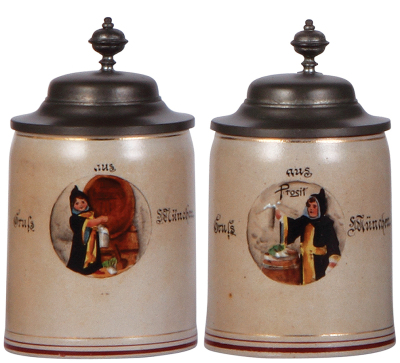 Two stoneware steins, .25L, 5.6'' ht., transfer & hand-painted, by Marzi & Remy, Gruss aus München, pewter lid, mint.