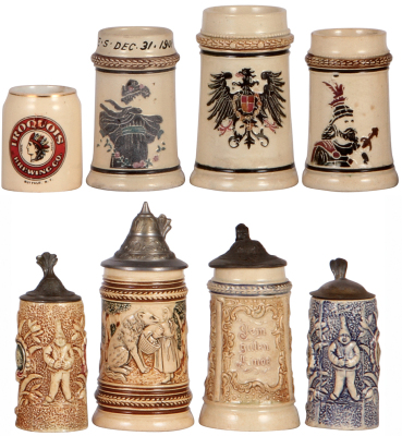 Eight steins, seven Diesinger, 2.3" to 5.4" ht., pottery, stein 1. Iroquois Brewing Co. Buffalo, N.Y., match strike, 1" hairline, Diesingers have various scenes, threading or relief, stein 2. no lid, 3. no lid, factory chip, 4. no lid, flake, 5. hairline 