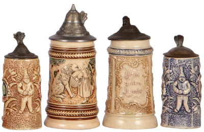 Eight steins, seven Diesinger, 2.3" to 5.4" ht., pottery, stein 1. Iroquois Brewing Co. Buffalo, N.Y., match strike, 1" hairline, Diesingers have various scenes, threading or relief, stein 2. no lid, 3. no lid, factory chip, 4. no lid, flake, 5. hairline - 3