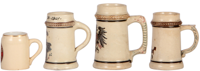 Eight steins, seven Diesinger, 2.3" to 5.4" ht., pottery, stein 1. Iroquois Brewing Co. Buffalo, N.Y., match strike, 1" hairline, Diesingers have various scenes, threading or relief, stein 2. no lid, 3. no lid, factory chip, 4. no lid, flake, 5. hairline - 4