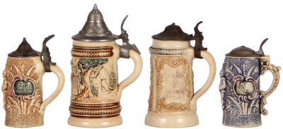 Eight steins, seven Diesinger, 2.3" to 5.4" ht., pottery, stein 1. Iroquois Brewing Co. Buffalo, N.Y., match strike, 1" hairline, Diesingers have various scenes, threading or relief, stein 2. no lid, 3. no lid, factory chip, 4. no lid, flake, 5. hairline - 5
