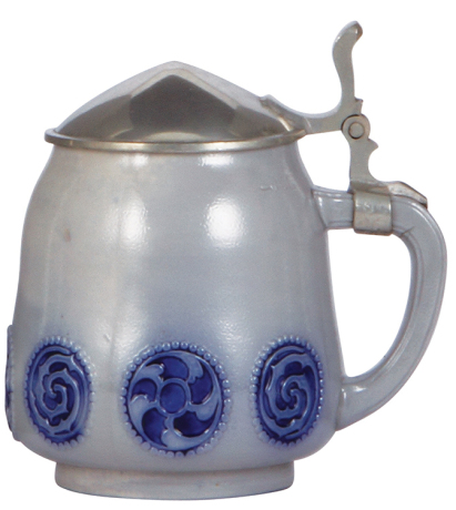 Stoneware stein, .5L, relief, marked 2096, made by Reinhold Merkelbach, designed by Paul Wynand, blue saltglaze, Art Nouveau, pewter lid, mint.