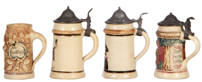 Eight Diesinger steins, 3.4" to 5.1" ht., pottery, threading or relief, last seven have pewter lids, stein 1. no lid, .5" hairline, 2. good condition, 3. base chip, 4. pewter tear, 5. pewter dented, 6. good condition, 7. good condition, 8. good condition. - 4