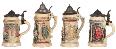 Eight Diesinger steins, 3.4" to 5.1" ht., pottery, threading or relief, last seven have pewter lids, stein 1. no lid, .5" hairline, 2. good condition, 3. base chip, 4. pewter tear, 5. pewter dented, 6. good condition, 7. good condition, 8. good condition. - 5