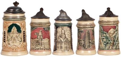 Five pottery steins, by Diesinger, 4.0" to 5.0" ht., Festival Hall and Cascades World's Fair St. Louis 1904; with, State Capitol Denver, lid dent; with, York Penna 1777 Third National Capitol, marked Wm. Fluhrer, York, Pa., lid finial damaged; with, 888, 