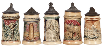 Five pottery steins, by Diesinger, 4.2" to 4.5" ht., relief, all have pewter lids, Seven Falls, good condition; with, marked Boston, Bunker Hill Boston, Ma., handle repaired; with, York Penna 1777 Third National Capitol, marked Wm. Fluhrer, York, Pa., bas