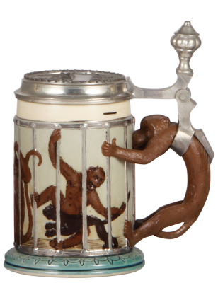 Mettlach stein, .4L, 2106, decorated relief, relief pewter lid, good repair of line on bottom.