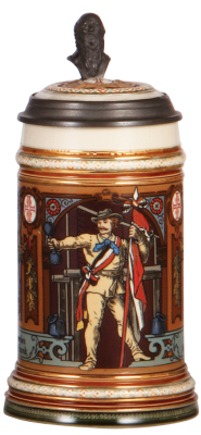 Mettlach stein, .5L, 1914, etched, 4F stein, inlaid lid, mint. 