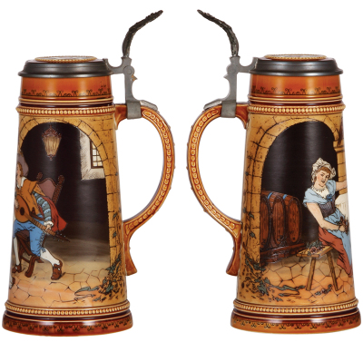 Mettlach stein, 1.0L, 2780, etched, inlaid lid, small glaze flaw on base in rear. - 2