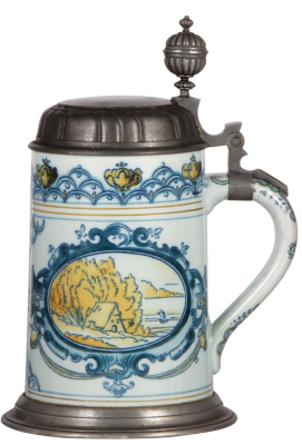 Mettlach stein, 1.0L, 5022, faience type, pewter lid, good repair of hairlines on side.