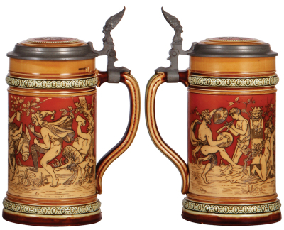Mettlach stein, 1.0L, 2035, etched, inlaid lid, tight hairline on inlay. - 2