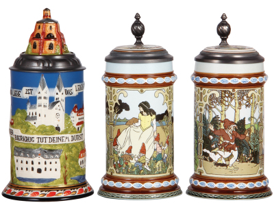 Three Mettlach steins, .5L, modern, Mettlach scenes, limited edition, inlaid lid, mint; with, .5L, modern, Snow White, inlaid lid, mint; with, .5L, modern, Rumpelstiltskin, inlaid lid, mint.