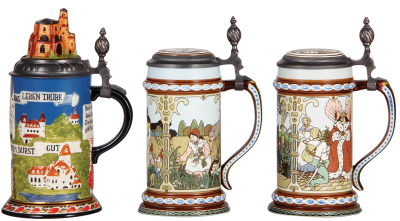 Three Mettlach steins, .5L, modern, Mettlach scenes, limited edition, inlaid lid, mint; with, .5L, modern, Snow White, inlaid lid, mint; with, .5L, modern, Rumpelstiltskin, inlaid lid, mint. - 2